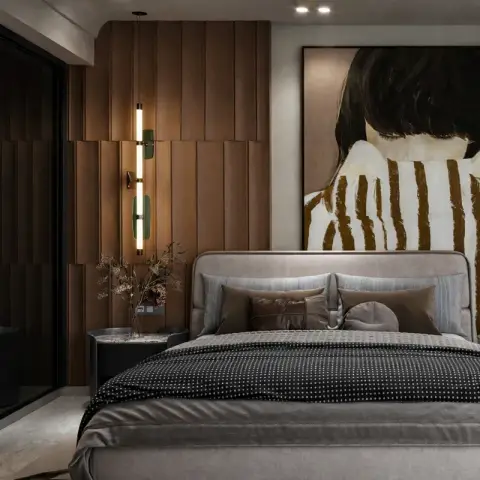 Render of a bedroom with tan leather-look padded wall panels in varying widths, an oversized portrait canvas over the grey velvet headboard