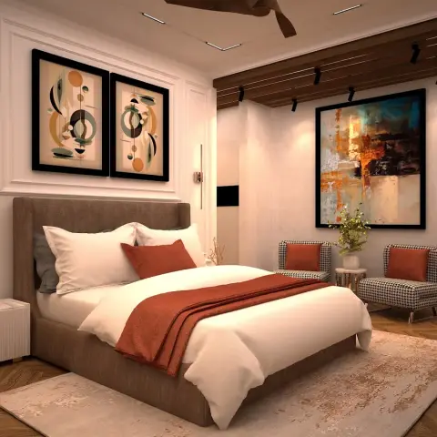 Render of a bedroom with white moulded panelling behind a brown upholstered bed, a terracotta throw and twin geometric prints