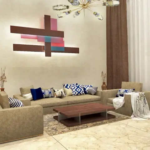 Render of a beige 3+1+1 sofa set with indigo block-print cushions, under a backlit walnut cross-slat wall composition with pink and teal inserts