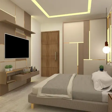 Render of a beige-and-gold bedroom where thin gold LED profiles trace both the sliding wardrobe shutters and the stepped TV wall