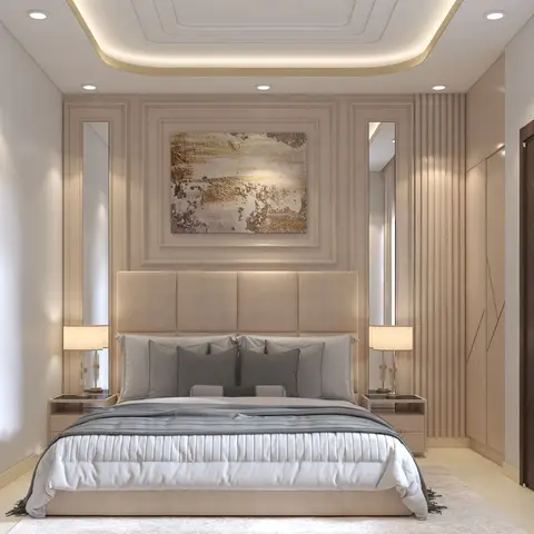 Render of a beige bedroom where two slim mirror strips flank a gold-flecked canvas inside a PU moulding frame, over a four-panel upholstered headboard