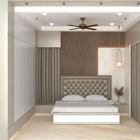 Render of a beige bedroom with a taupe fluted-panel headboard wall, a buttoned leatherette headboard in a gold-lipped frame