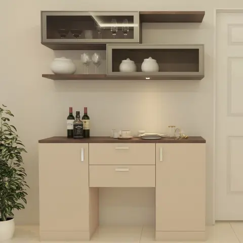 Render of a beige dining crockery unit with a dark wood countertop, two glass-front display cabinets above holding glassware and crockery