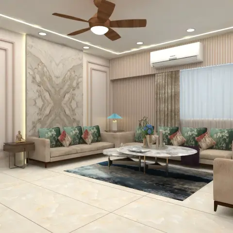 Render of a beige Indian living room with a bookmatched marble feature wall, two facing fabric sofas dressed in green floral cushions