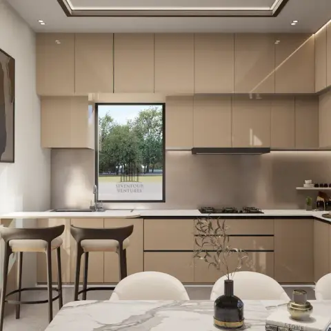 Render of a beige L-shaped kitchen wrapping a garden window, with double-stacked wall units