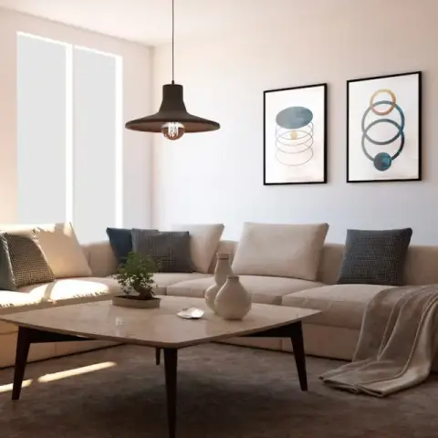 Render of a beige L-shaped sectional under a black dome pendant, with two abstract circle-motif prints and a bonsai on a marble-topped coffee table