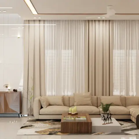 Render of a beige living room with a deep L-shaped sofa set against wall-to-wall sheers and drapes
