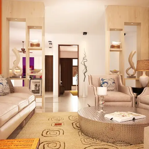 Render of a beige living room with a bright orange accent wall carrying a rainy-street painting, nailhead-trim sofas dressed in blue damask cushions