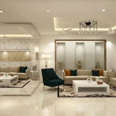Render of a beige living room with a full-height mirror-clad partition on one side, a backlit triple-niche wall holding brass artefacts