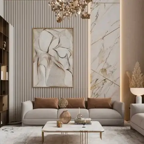 Render of a beige living room where a full-height fluted panel wall carries one oversized abstract canvas