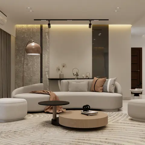 Render of a beige living room with a long curved boucle sofa, a rippled cream rug, a rose-gold arc floor lamp against a rough travertine panel