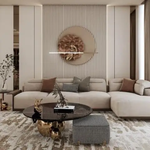Render of a beige living room where a bronze pleated disc crossed by a thin light bar sits centred on a full-height fluted wall