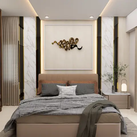 Render of a beige master bedroom with a cove-lit marble-and-gold panelled headboard wall, a gold abstract wall sculpture, and a mirrored wardrobe.