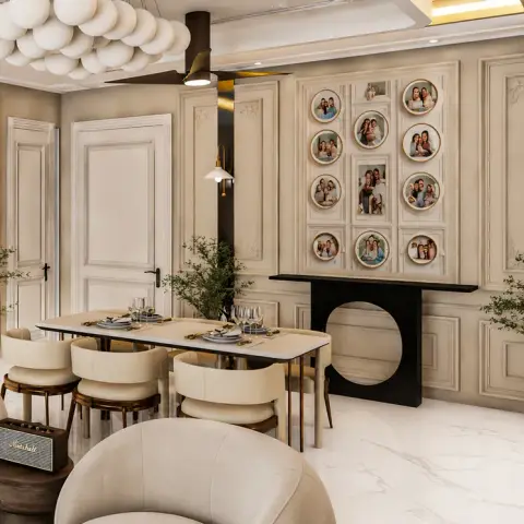 Render of a beige panelled dining room with a bubble-cluster pendant, a curated circular photo-gallery wall, and marble flooring.