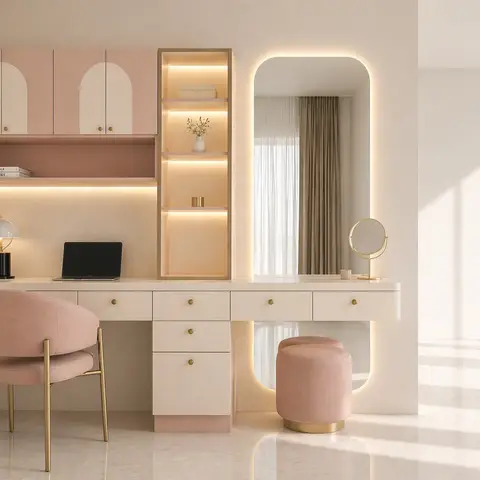 Render of a blush-pink study and dressing nook with arched cabinet doors, a tall backlit mirror, LED-lit display shelving, and a pink velvet chair.