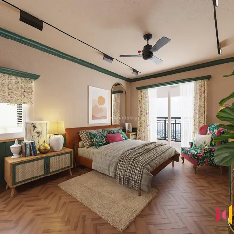 Render of a boho-styled master bedroom with herringbone wood flooring, green cornice moulding, floral curtains, a rattan credenza