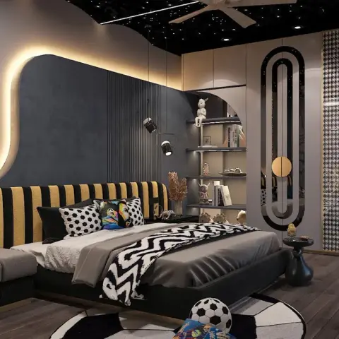 Render of a boy's bedroom with a mustard-and-black striped upholstered headboard running the full wall under a hooked LED cove