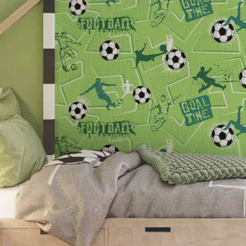 Render of a boy's bedroom with a football-themed green wallpaper feature wall, a built-in storage bed with grey bedding, and a football-shaped bedside lamp.