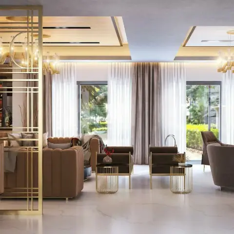 Render of a brass-screened living room with curved taupe velvet sofas, caged gold side tables and a back-lit wine bar