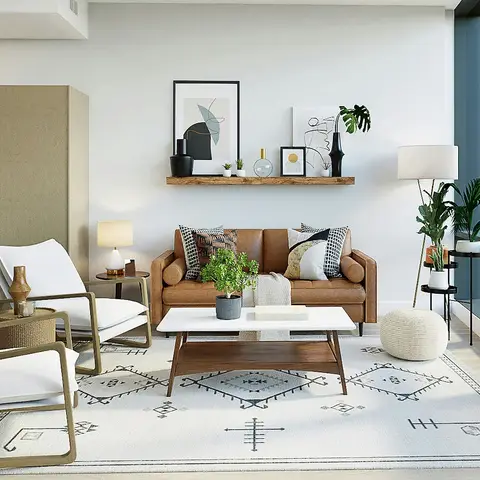 Render of a bright high-rise living room with a tan leather two-seater under a floating oak shelf of framed line-art