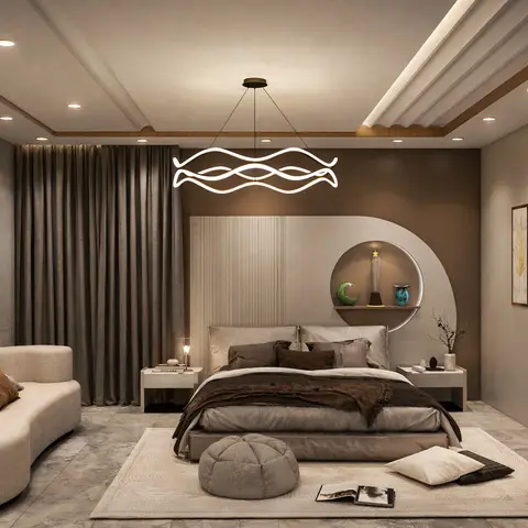 Render of a brown-walled master bedroom with a wavy ribbon LED chandelier, an ivory fluted headboard panel set against a circular backlit display niche