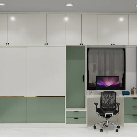 Render of a built-in study desk with an ergonomic chair set beneath a window, flanked by a floor-to-ceiling wardrobe in white and sage-green laminate.