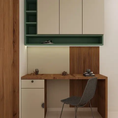 Render of a built-in study desk with cream and sage-green overhead cabinets, a wood desktop, and a fluted wood accent panel behind a mesh task chair.