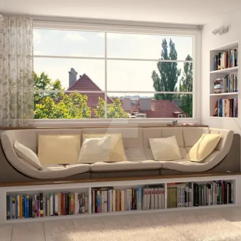Render of a built-in window-seat bench sofa with cream cushions beneath a large window, flanked by floor-to-ceiling bookshelves and floral sheer curtains.