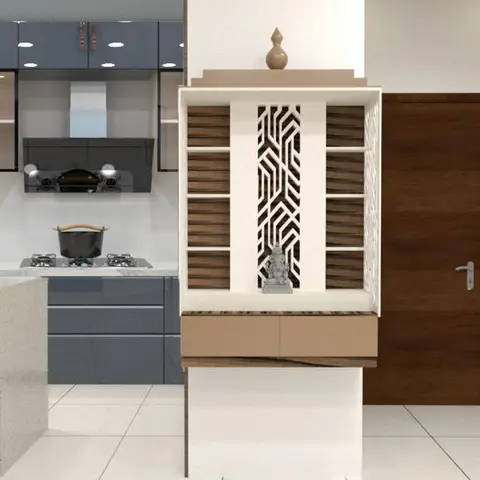 Render of a central built-in pooja unit with a laser-cut jaali screen and a Ganesha idol, flanked by a grey modular kitchen and the main door.