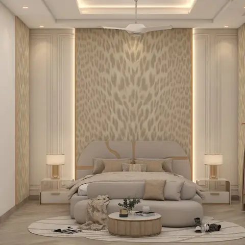 Render of a champagne bedroom with a curved brass-inlaid upholstered headboard against a feather-motif wallpaper drop