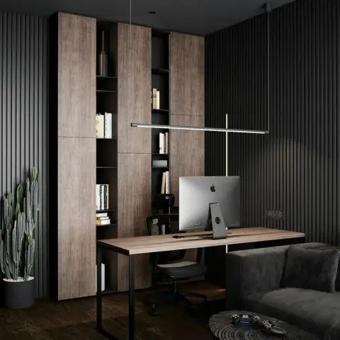 Render of a charcoal home study where floor-to-ceiling fluted panelling wraps two walls, a wood tall unit is slotted with open book niches