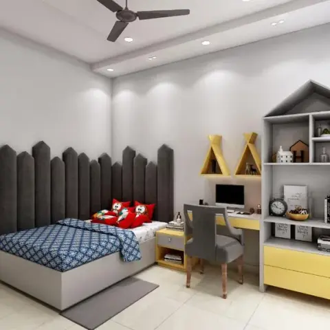 Render of a child's bedroom with a grey picket-fence upholstered headboard, a mustard-and-white house-shaped shelf unit and twin teepee display niches above a