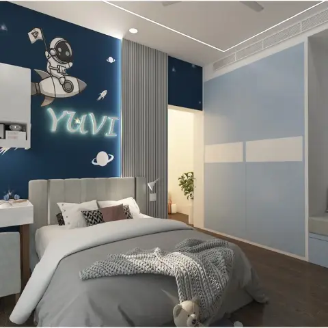 Render of a child's bedroom with an astronaut-on-a-rocket decal and the name YUVI in glowing letters across a navy feature wall
