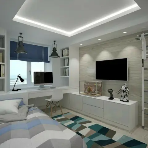 Render of a child's bedroom where the study counter runs into the window sill under two industrial pendants