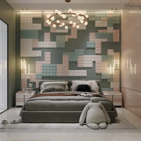 Render of a child's bedroom with an interlocking Lego-brick relief wall in sage, blush and cream, a brass ring chandelier of glass globes