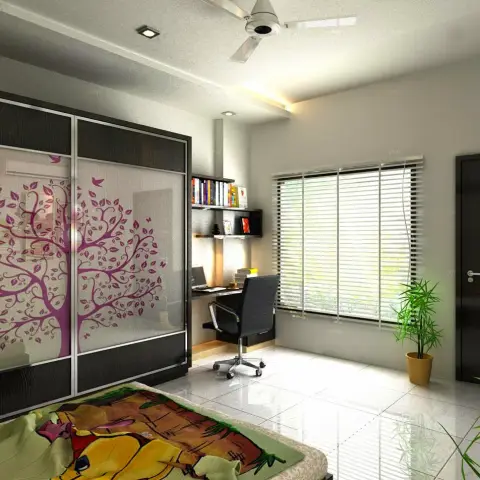 Render of a child's bedroom where the sliding wardrobe's frosted-glass shutters carry a magenta tree-and-birds graphic