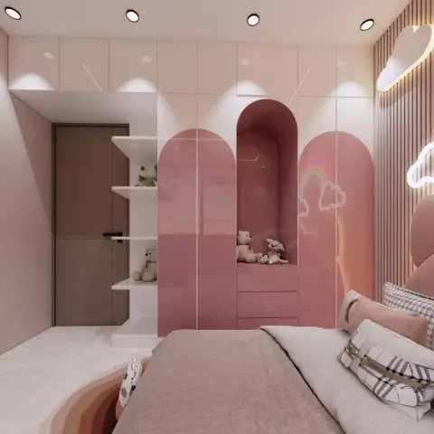 Render of a child's bedroom where the wardrobe run is cut into three pink arched shutters with a teddy-filled open niche between them
