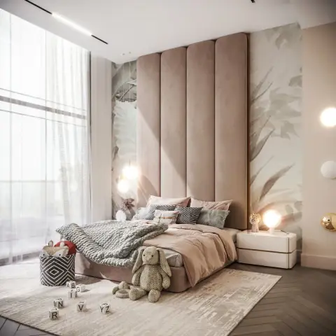 Render of a child's bedroom with blush velvet channel panels rising the full wall behind the bed, a pale botanical mural either side