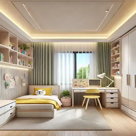 Render of a child's room with a fluted panel wall behind a single bed, an open bookshelf run wrapping the room at high level