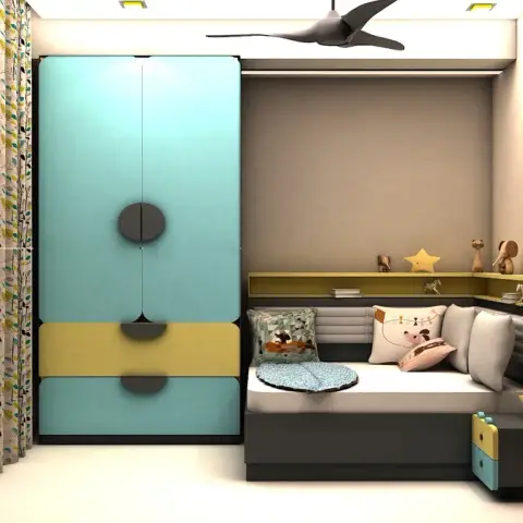 Render of a child's room where a turquoise-and-mustard wardrobe with half-moon finger pulls faces a corner daybed built into an L-shaped headboard shelf