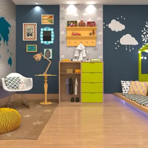 Render of a child's room in navy with white cloud decals: a gallery wall of retro prints over a white rocker, an open oak wardrobe with lime-green drawers