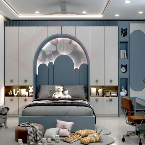 Render of a child's room where the bed sits inside a backlit arched niche of clouds and hot-air balloons cut out of a dusty-blue and ivory wardrobe wall