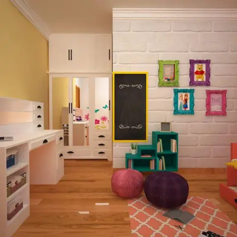 Render of a children's bedroom with a yellow and white brick-effect wall, coral trundle bed, mint bookshelf, and a mirrored built-in study desk with wardrobe.