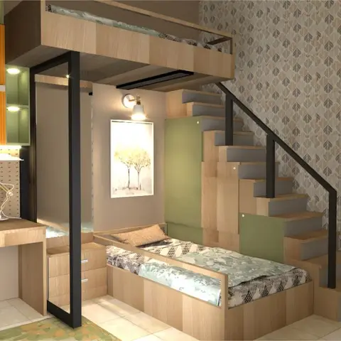 Render of a children's loft bedroom with a raised loft bed reached by a storage staircase, a built-in single bed with drawer storage below, a study desk