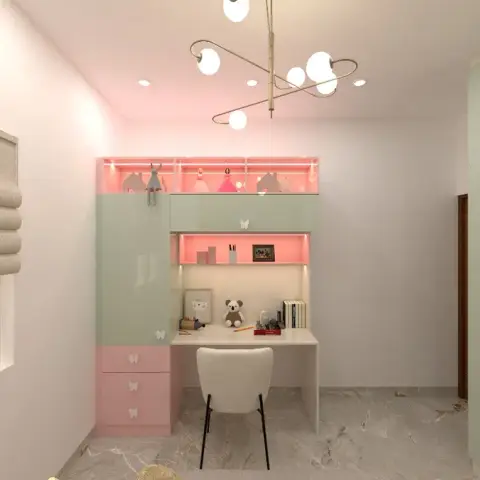 Render of a children's study nook with a pink and mint built-in desk unit, backlit display shelving and a sculptural pendant light.
