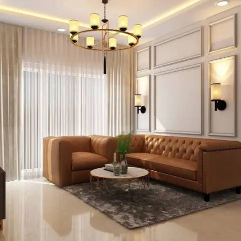 Render of a classic living room with a tufted tan leather chesterfield sofa set, a marble-and-gold coffee table on a grey shag rug, wainscoted walls