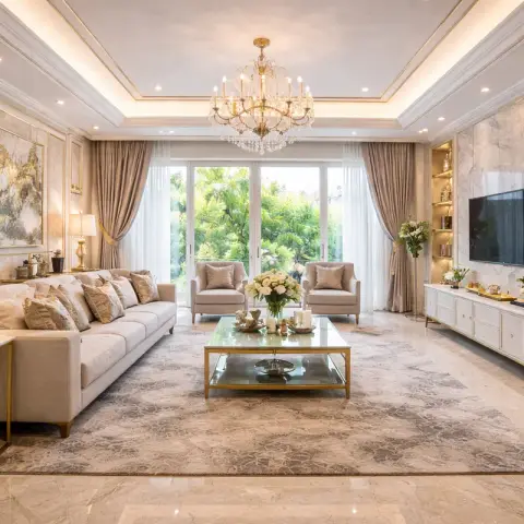 Render of a classical cream living room: a long ivory sofa under a gold-framed marble-effect painting, a crystal chandelier in the stepped cove