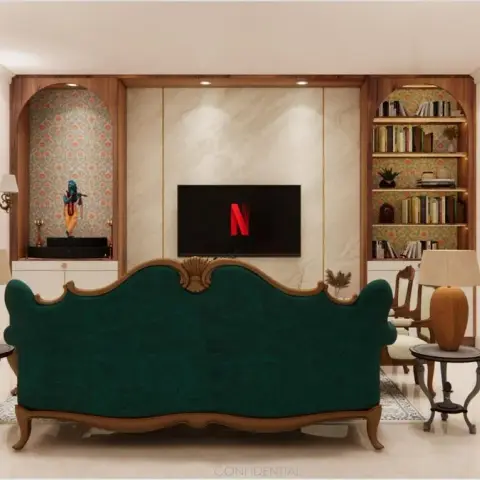 Render of a classical living room where a carved emerald velvet settee faces a marble TV panel flanked by arched wooden niches - a Krishna idol on a black