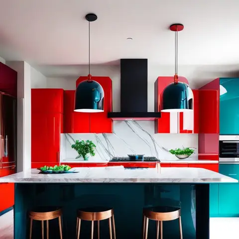 Render of a colour-blocked kitchen — scarlet high-gloss tall units and wall cabinets around a teal island