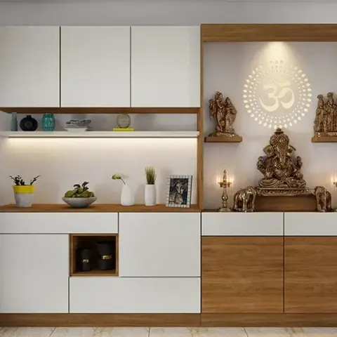 Render of a combined pooja and sideboard run: teak-framed mandir niche with a backlit Om sunburst jaali behind a seated Ganesh on a floating platform and brass